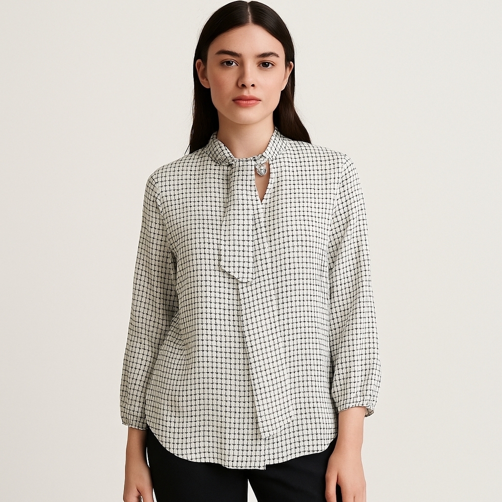 Adrianna Papell Tie Neck Houndstooth Print Blouse Size M | NWT